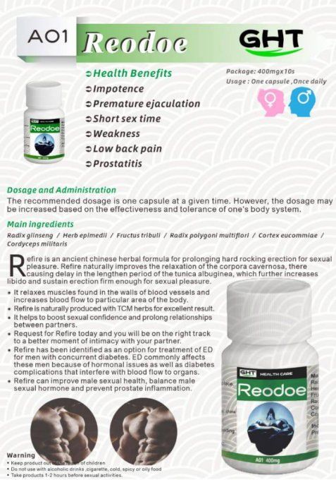 REODOE NATURAL SEXUAL PERFORMANCE SOLUTION FOR ADULT MEN / LOT DE 2  CAPSULES vertes  , exp 2027